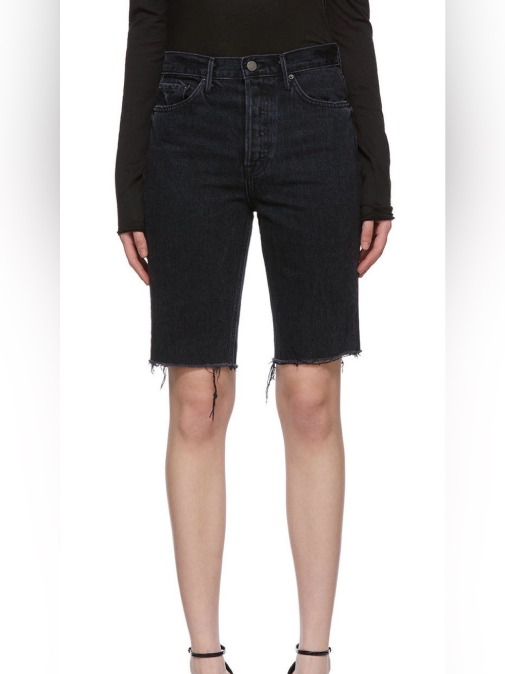 GRLFRND Black High-Rise Distressed Bermuda Jean Shorts